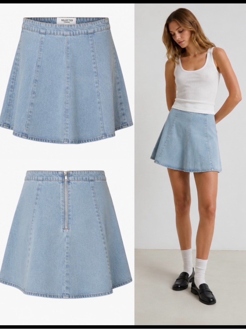 Selected Femme Aleja Skater Skirt in Light Blue Blue Denim